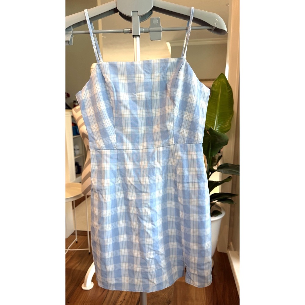BP Nordstrom Blue/White Lola Gingham Spaghetti Strap Y2K Skater Goth Dress Sz SM